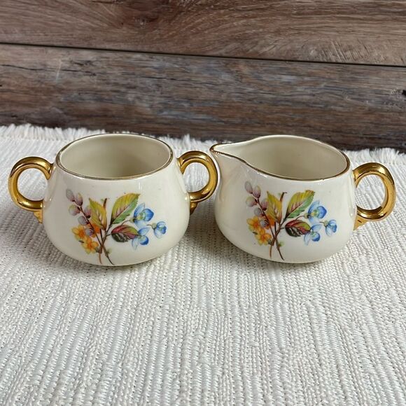 Cream and Sugar Porcelain Set with Gold Leaf Trim and Floral Design - Picture 1 of 7